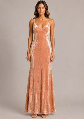 Fraiche by J Peach Crushed Velvet Maxi Evening Gown Size Small